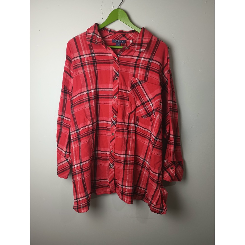 Roaman's Red Plaid Button Down Shirt Women 24W Cotton Long Sleeve Pocket Blouse